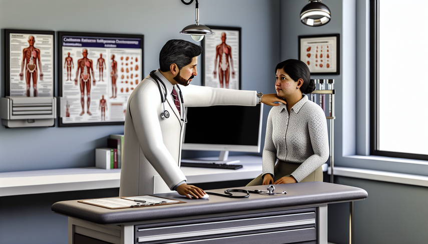 A Hispanic physician in his 40s, wearing a white coat and stethoscope, carefully examines the swollen lymph nodes in the neck of a Hispanic female patient in her 30s in a medical consultation room. The patient, seated on an examination table, displays a look of moderate concern. This image highlights the critical importance of accurate diagnosis to differentiate between lymphoma and lymph node tuberculosis, including the role of biopsy and the identification of acid-fast bacilli.
