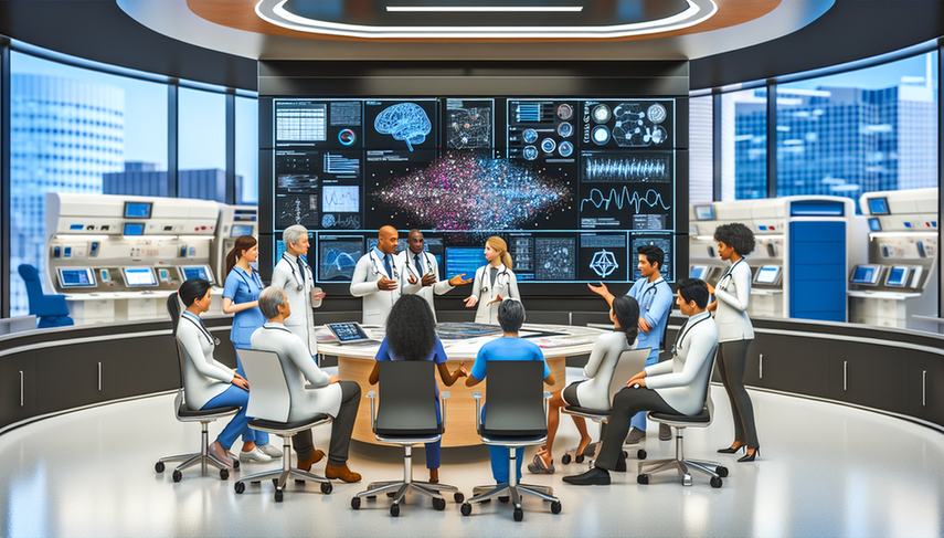A diverse group of healthcare professionals, including doctors and nurses, gathers in a modern hospital around a large digital screen displaying complex data visualizations. The screen is divided into two sections: 'Machine Learning in Healthcare' featuring graphs and 'Clinical Deep Learning' showcasing neural network diagrams. The professionals engage in discussion and take notes, emphasizing the integration of AI advancements and medical algorithms in digital clinical practice.