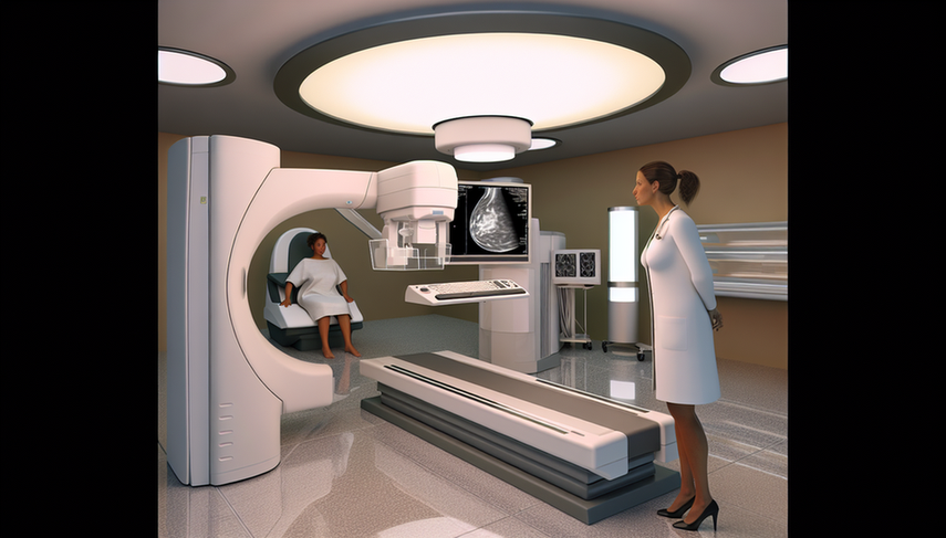 Modern medical imaging room featuring a 3D mammography machine as the focal point. A Hispanic radiologist attentively examines a 3D mammography image on the screen. In the background, a middle-aged Hispanic patient sits comfortably. This scene highlights advanced imaging technology and a professional environment for breast cancer detection and early diagnosis.