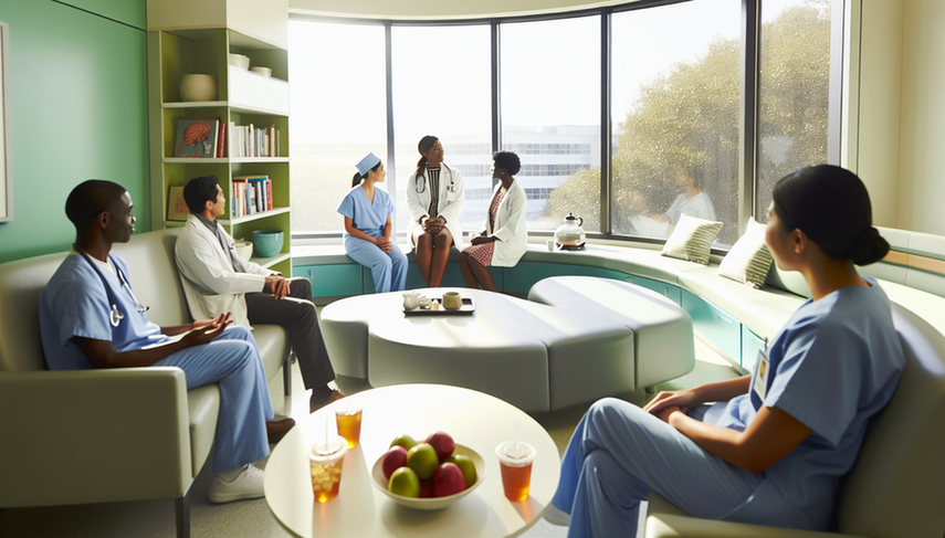 Sala de descanso hospitalaria con profesionales de la salud de diversas etnias conversando relajadamente. Se observan una doctora hispana, un enfermero afroamericano y una cirujana asiática en un ambiente iluminado por luz natural, con té de hierbas y frutas en la mesa, simbolizando autocuidado y bienestar ocupacional.