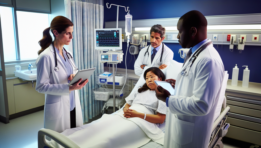 A diverse medical team of three doctors, two women and one man, in a modern hospital room, discussing medical data on a tablet next to a middle-aged Hispanic patient in a bed. The scene highlights a collaborative approach to the early detection and management of postoperative complications, including infection and thrombosis, emphasizing the importance of rehabilitation and postoperative follow-up.