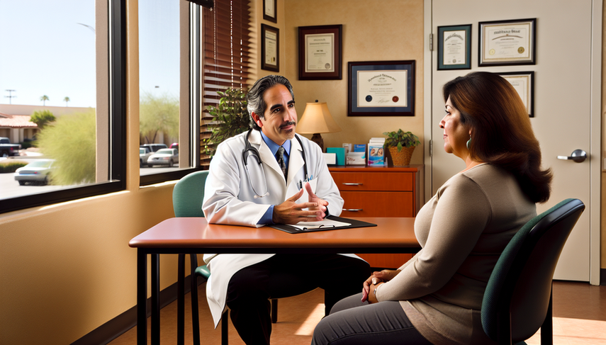Consultorio médico iluminado con un doctor hispano de mediana edad, con expresión amable, escuchando atentamente a una paciente hispana preocupada pero esperanzada. El doctor, con bata blanca y estetoscopio, gesticula de manera tranquilizadora. La escena refleja confianza y comunicación abierta, con un enfoque en el manejo de expectativas y satisfacción del paciente.