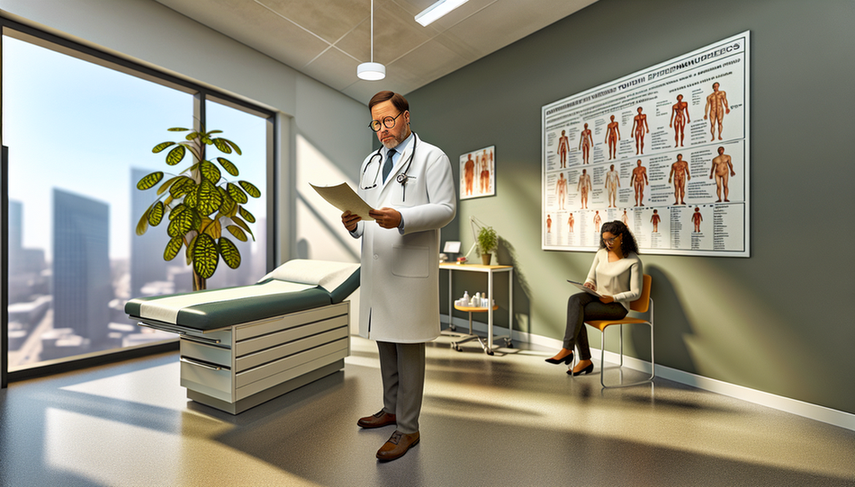 Image of a Hispanic physician in his 40s carefully reviewing the environmental exposure history of a Hispanic patient in her 30s in a modern, well-lit examination room. This image emphasizes the importance of clinical assessment and action planning to manage exposure to environmental toxins, highlighting the risks associated with pollution and its impact on respiratory pathology and occupational dermatitis. In the background, posters about environmental toxins and a touch of greenery symbolize the connection between health and the environment.