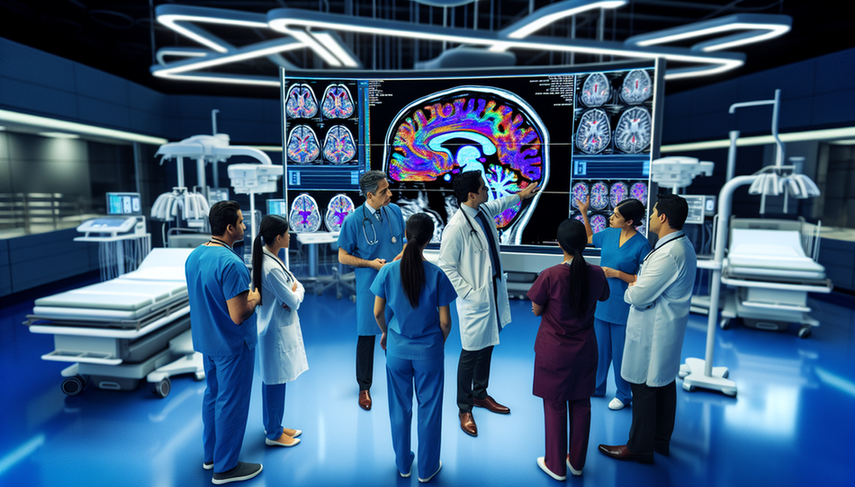 Equipo médico diverso de médicos y enfermeras de ascendencia hispana en un hospital moderno, analizando una pantalla digital con una imagen cerebral. La pantalla muestra vías neuronales resaltadas, indicando el uso de algoritmos de IA para el diagnóstico y manejo del ictus. El ambiente refleja innovación y colaboración en la atención neurológica inmediata.
