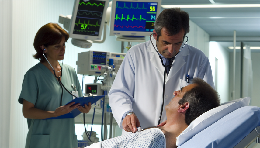 In a modern hospital emergency room in Spain, a middle-aged Hispanic doctor carefully examines a Hispanic patient in his 50s, listening to his chest with a stethoscope. The patient, seated on a hospital bed, displays a controlled expression of anxiety. In the background, medical monitors display vital signs. A Hispanic nurse observes the interaction, holding a clipboard. The scene reflects a professional environment focused on the urgent care and management protocol for acute coronary syndrome, emphasizing the importance of ECG and initial treatment.
