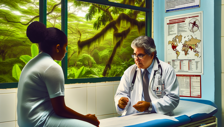 Fotografía de una clínica médica tropical con un médico hispano de unos 40 años revisando atentamente el historial de una paciente hispana de unos 30 años. La consulta se centra en el manejo de infecciones importadas como malaria y dengue, con un mapa mundial y un póster sobre enfermedades transmitidas por mosquitos en el fondo. La atmósfera es profesional y enfocada en el tratamiento y vigilancia epidemiológica.