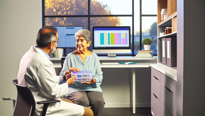 An elderly Hispanic woman, approximately 75 years old, holds a pill organizer while discussing with a middle-aged Hispanic physician in a modern clinic. The physician reviews a medical record, highlighting a collaborative interaction focused on the careful management of polypharmacy in elderly patients, emphasizing deprescribing and therapeutic optimization to minimize adverse effects.