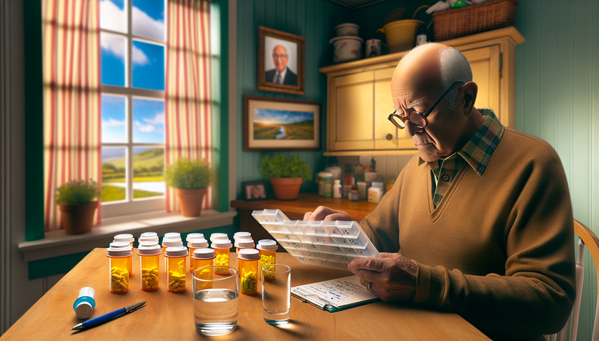 An older Hispanic man sitting at a kitchen table, surrounded by medication bottles and pill organizers. He is wearing reading glasses and carefully reviewing a medication list, reflecting responsibility in managing polypharmacy. The scene conveys a warm and inviting atmosphere, with natural light streaming through the window, emphasizing the importance of therapeutic adherence and medication review in geriatrics.