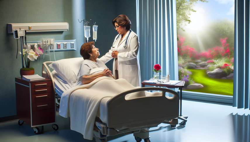 A compassionate Hispanic physician attentively listens to an elderly Hispanic patient in a hospital room bathed in natural light. The patient holds a comforting object while sitting on the bed. On the nightstand, there is a vase with fresh flowers and some medical charts. The window in the background reveals a serene garden, symbolizing hope and tranquility in palliative care and pain management for terminal symptoms, enhancing patient comfort and addressing dyspnea.