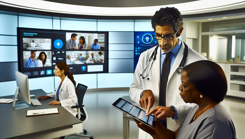 Oficina médica moderna con un grupo diverso de profesionales de la salud colaborando. En el centro, un médico hispano de unos 40 años revisa atentamente una tableta digital con una interfaz de EMR, mientras una enfermera de ascendencia africana señala la pantalla, sugiriendo una discusión colaborativa. Al fondo, una doctora caucásica en sus 50s escribe notas en un sistema EMR. La imagen refleja el uso eficiente de la tecnología para maximizar el tiempo clínico efectivo mediante la gestión de historias clínicas y sistemas EMR.