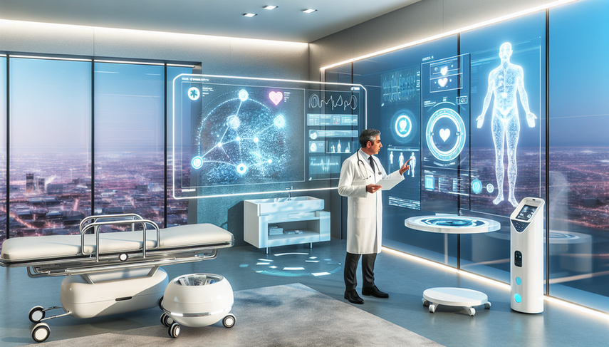 A Hispanic doctor in his 40s interacts with a transparent digital screen displaying medical data and AI analysis in a modern hospital room with a futuristic touch. A robotic assistant holds a tablet, aiding the doctor. This scene illustrates the integration of technology in medicine, highlighting the innovation and efficiency of Medicine 4.0 and digital health in an urban environment.