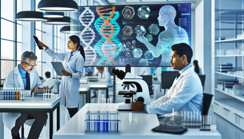 Modern laboratory featuring a diverse team of scientists and physicians collaborating on genetic research. A Hispanic scientist examines a DNA sequence on a tablet, while a South Asian physician points to a genetic biomarker map on a screen. The environment showcases innovation in precision medicine and the application of AI in personalized treatment, enhancing clinical decisions through predictive algorithms.