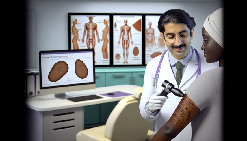 Primer plano de un dermatólogo examinando la piel de una paciente con un dermatoscopio. Se observan dos lesiones cutáneas en el antebrazo de la paciente: un lunar oscuro de forma irregular y una lesión marrón claro, cerosa y ligeramente elevada. El entorno es una oficina médica moderna, destacando la importancia del diagnóstico precoz en el cáncer de piel.