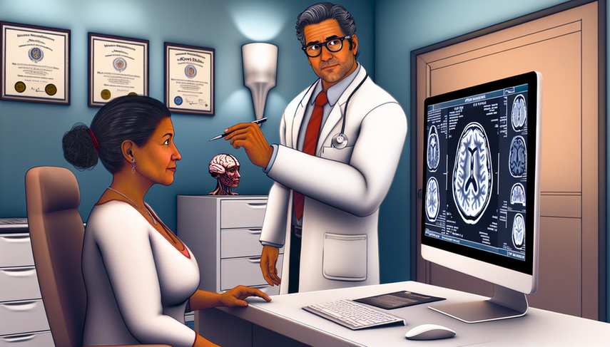A middle-aged Hispanic woman attentively examines a computer screen displaying a detailed brain scan in a doctor's office. A Hispanic doctor in his 50s, wearing a white coat and glasses, points to the image with a pen while explaining the scan. This scene emphasizes the critical role of neuroimaging in the early detection of meningiomas, particularly in patients presenting with morning headaches and personality changes.