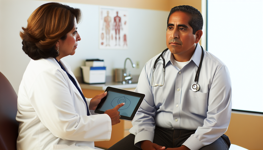 Middle-aged Hispanic patient in a medical consultation, attentively listening to a Hispanic doctor explaining the use of metoprolol and beta-blockers with a heart diagram on a tablet. The desk features medication bottles labeled 'Metoprolol' and 'Beta-blockers.' The scene reflects a collaborative and trusting relationship between doctor and patient, highlighting the importance of managing bradycardia, fatigue, and sleep disturbances associated with these medications.