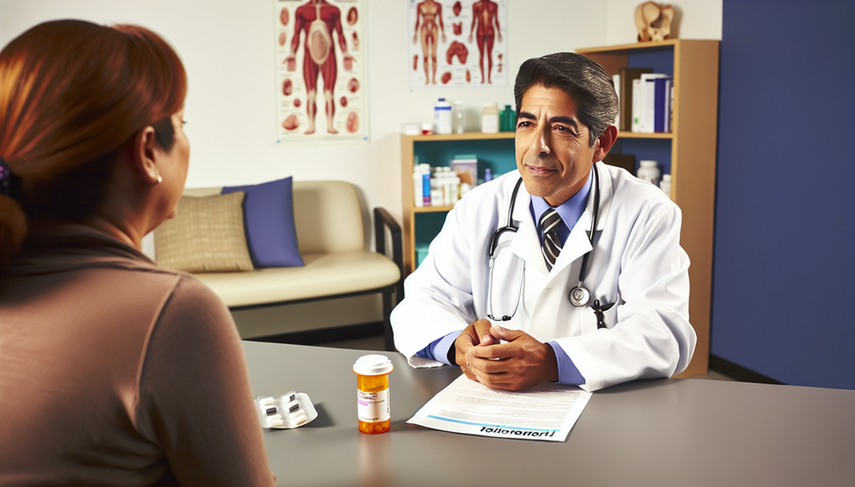 Consulta médica con un doctor hispano de mediana edad explicando el uso de metotrexato a una paciente hispana. El doctor sostiene un frasco de metotrexato y en el escritorio hay un folleto sobre folinatos. El ambiente es profesional y transmite confianza.