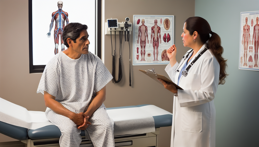 A middle-aged Hispanic patient with a concerned expression is sitting on an examination table while a Hispanic doctor, wearing a white coat and stethoscope, reassuringly explains something to him. She holds a clipboard, and on the wall, there is an anatomical chart of the nervous system, emphasizing the importance of early detection and differential diagnosis in neuromuscular disorders such as myasthenia gravis and Lambert-Eaton syndrome, including the role of the edrophonium test and anti-AChR antibodies in assessing fluctuating muscle weakness.