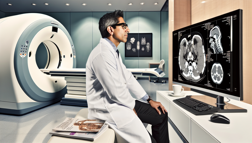 Laboratorio de imágenes médicas modernas con un radiólogo hispano de unos 40 años examinando un monitor de alta resolución que muestra una imagen 3D detallada de un órgano humano. En el fondo, se observa un escáner micro-CT y una máquina de tomografía de alta resolución, destacando la tecnología avanzada utilizada en el diagnóstico clínico.