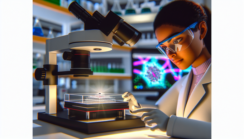 Una científica hispana joven, con bata de laboratorio y gafas de seguridad, examina un chip microfluídico bajo una luz LED en un laboratorio moderno. El entorno refleja innovación y precisión en el campo de los microfluidos y la miniaturización de diagnósticos complejos.