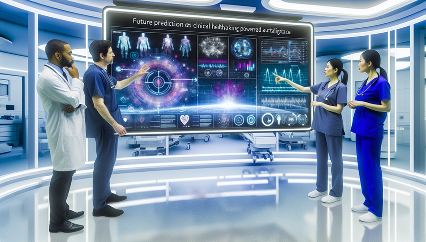 A diverse team of healthcare professionals, including a Hispanic physician and an Asian nurse, gathers around a large digital screen displaying complex data visualizations and predictive analytics graphs. The screen highlights trends and predictions from patient health data, emphasizing the role of medical big data in evidence-based health. The modern, tech-savvy environment features advanced medical equipment in the background, showcasing the integration of artificial intelligence in clinical decision-making.