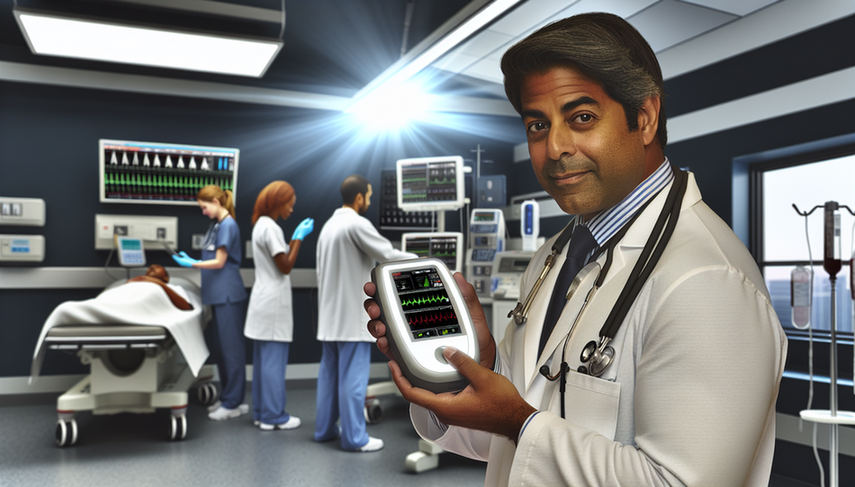 A Hispanic doctor in his 40s in a modern emergency room, holding a portable blood analysis device with a digital screen displaying graphs and data. In the background, a diverse team of medical professionals collaborates, showcasing an urgent environment equipped with advanced technology for instant diagnosis and mini-laboratories in medical emergencies.