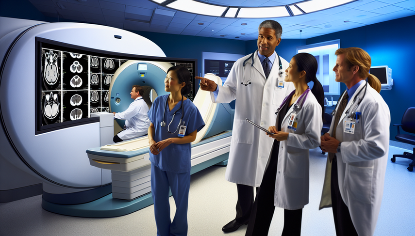 Sala de imagenología moderna en un hospital, con un radiólogo explicando las diferencias entre TAC, RM y PET a un grupo diverso de médicos. En la pantalla digital se muestran imágenes claras de cada modalidad. El ambiente es de colaboración y aprendizaje, con tecnología médica avanzada visible.