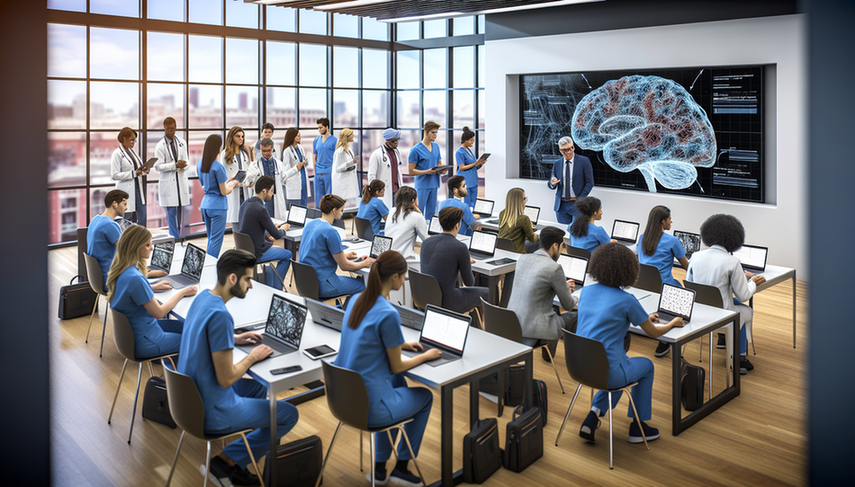 Aula moderna de medicina con estudiantes diversos utilizando laptops y tabletas, centrados en un diagrama de red neuronal en una pantalla grande, simbolizando la tecnología de IA. Un profesor hispano explica el uso de herramientas de IA como ChatGPT en la educación médica, en un ambiente colaborativo e innovador.