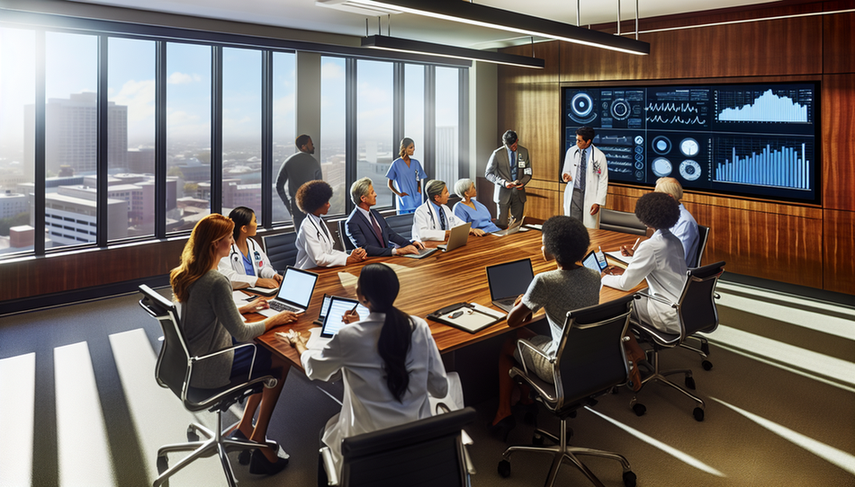 Modern hospital boardroom filled with natural light, where a diverse group of healthcare professionals engages in a meeting. A digital screen on the wall displays graphs related to healthcare management models and benchmarking. The atmosphere is collaborative, emphasizing innovation in healthcare efficiency and hospital productivity.