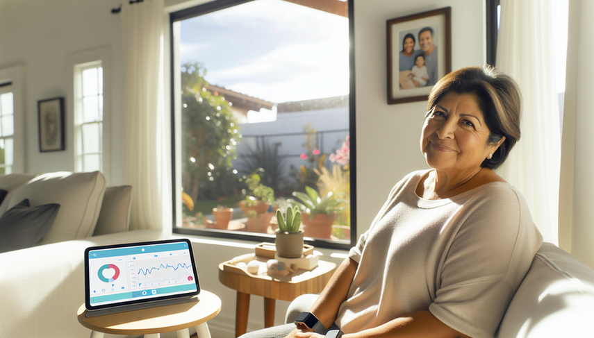 Mujer hispana de mediana edad sentada en su sala de estar, sonriendo mientras revisa una aplicación de monitoreo de salud en una tableta, que muestra datos sobre su condición crónica. La escena refleja un ambiente cálido y organizado, destacando el uso de tecnología para mejorar la gestión de su salud.