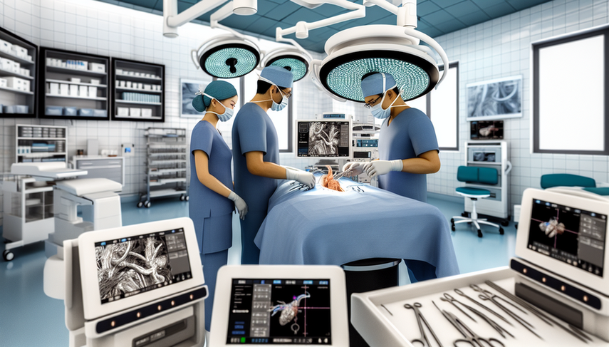 Un quirófano moderno con un equipo de cirujanos, incluyendo un cirujano hispano y una cirujana asiática, realizando un procedimiento quirúrgico. Están rodeados de tecnología avanzada, como un monitor que muestra una imagen 3D de la anatomía del paciente y un sistema de navegación digital, destacando el uso de sistemas de imagen intraoperatoria para mejorar la precisión diagnóstica.