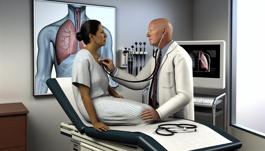 Medical consultation in a modern clinic: a middle-aged Hispanic doctor auscultates the chest of a Hispanic patient with a stethoscope. On the wall, a diagram of the respiratory system highlights the lungs. A digital chest X-ray is displayed on the computer, emphasizing the critical importance of accurate diagnosis between bacterial pneumonia and atypical pneumonia, especially in cases presenting with high fever and requiring antibiotic treatment.