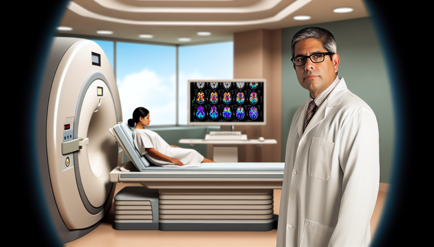 Modern hospital room featuring a middle-aged Hispanic physician analyzing brain scans on a digital screen, showcasing the innovative use of functional magnetic resonance imaging in the diagnosis of neurological disorders. In the background, a Hispanic patient is preparing for her scan in an advanced MRI machine.