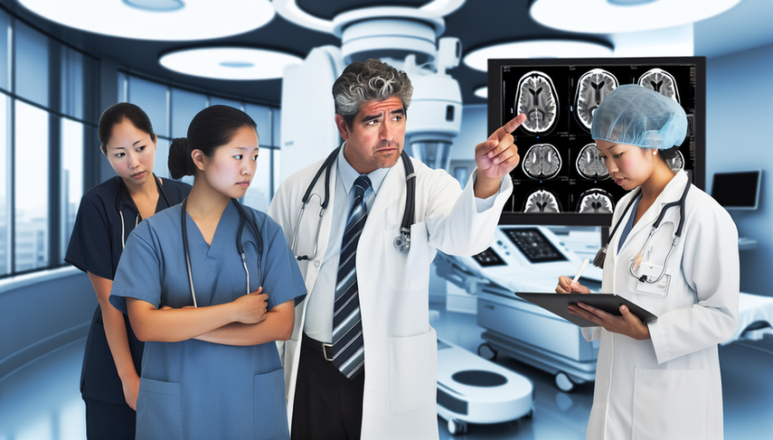 Diverse team of healthcare professionals in a modern hospital discussing a brain scan on a digital screen. A middle-aged Hispanic neurologist points to the scan while explaining to a young Asian nurse taking notes on a tablet and an older Caucasian radiologist listening attentively. The setting emphasizes a multidisciplinary approach to stroke care, highlighting warning signs, acute management, and rehabilitation strategies.