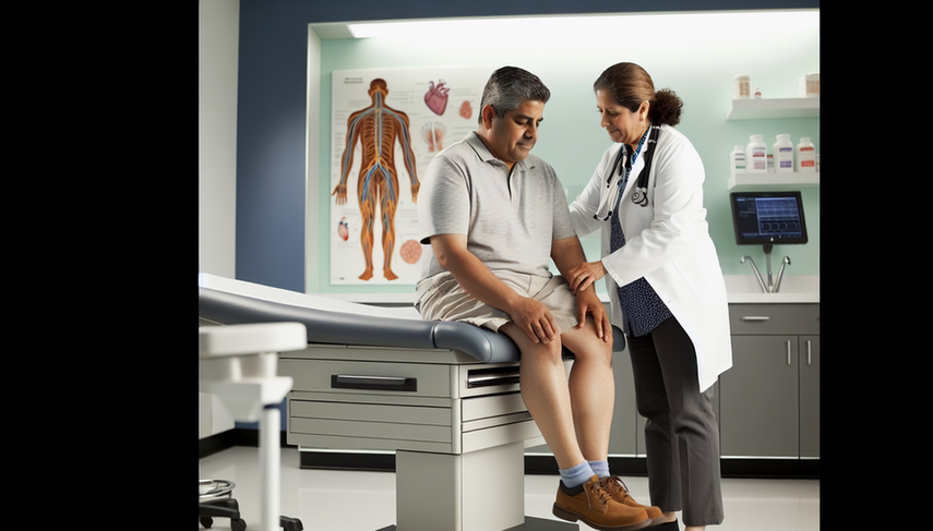 A middle-aged Hispanic patient sitting on an examination table in a modern medical office. A Caucasian doctor is carefully examining the patient's foot, illustrating a clinical evaluation of peripheral neuropathy. The wall features a diagram of the human nervous system, highlighting the importance of sensitivity testing and conduction velocity in the differentiation of diabetic polyneuropathy, with a focus on distal tingling.