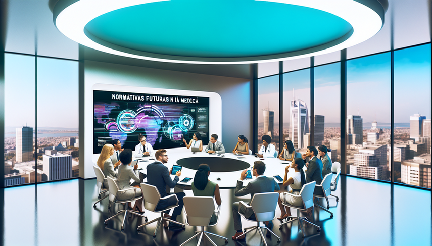 Una sala de conferencias moderna con profesionales médicos de diversas etnias discutiendo colaborativamente sobre 'Normativas Futuras en IA Médica', visible en una pantalla grande. La atmósfera refleja innovación y cooperación, centrada en el futuro de las regulaciones de IA médica.