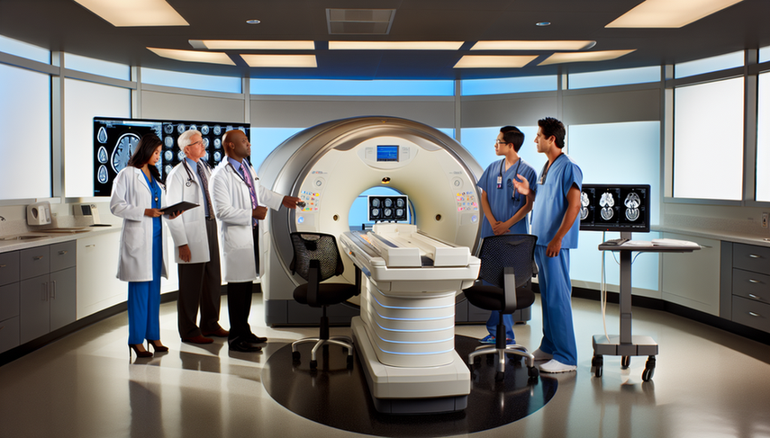 Laboratorio moderno de imagen médica con un avanzado equipo de resonancia magnética en el centro. Un grupo diverso de profesionales médicos, incluyendo un radiólogo hispano y una técnica asiática, discuten mientras examinan una imagen 3D detallada de un cerebro humano en una pantalla digital. La sala está bien iluminada, destacando la tecnología de vanguardia y sus aplicaciones en diagnósticos avanzados.