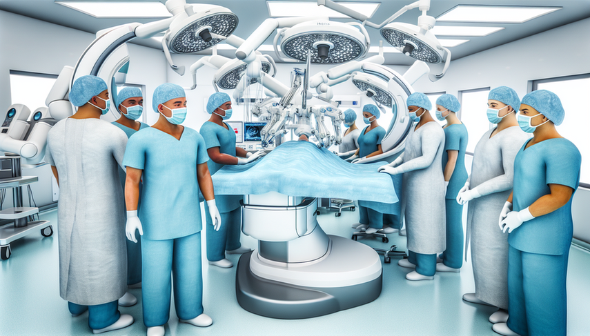 A modern operating room featuring a diverse team of surgeons, with a focus on a Hispanic surgeon utilizing a surgical robot, showcasing precision and innovation in minimally invasive surgery through laparoscopy and endoscopy.