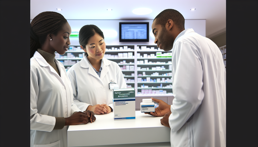 Fotografía de una farmacia moderna con tres farmacéuticos de diversas etnias examinando un paquete de medicamento nuevo. El paquete, con la etiqueta 'Nuevos Medicamentos Aprobados', está en el centro de atención. Los farmacéuticos, con expresiones de interés, llevan batas blancas. El entorno es profesional y acogedor, destacando la innovación y el cuidado.
