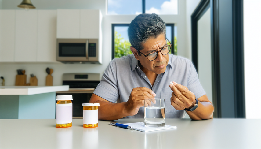 Hombre hispano de mediana edad sentado en una cocina moderna, observando pensativamente una pastilla blanca en su mano. En la mesa hay una botella de omeprazol y un vaso de agua, destacando la importancia de considerar los efectos secundarios del medicamento.