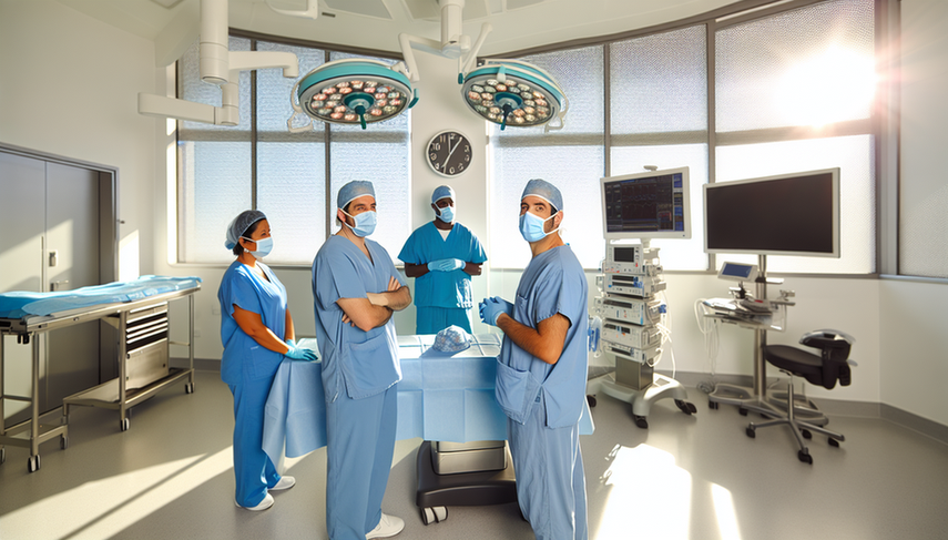 Un equipo quirúrgico diverso en un quirófano moderno y bien iluminado de un hospital español, trabajando de manera eficiente. El equipo está compuesto por un cirujano hispano, una anestesióloga hispana, un enfermero negro y una asistente quirúrgica asiática, todos en uniformes quirúrgicos azules. La sala está equipada con tecnología avanzada, incluyendo una pantalla digital que muestra el horario quirúrgico y datos del paciente, simbolizando la optimización y la reducción de complicaciones en el proceso quirúrgico.