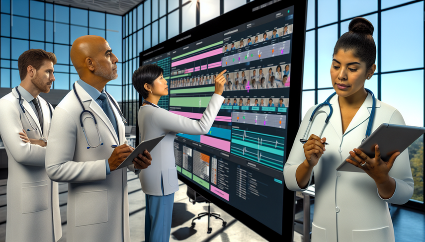 Modern medical office with healthcare professionals collaborating in front of a digital screen displaying a color-coded scheduling and triage system. A Hispanic female doctor in her 40s points to the screen while explaining the appointment optimization process to her colleagues. The environment reflects teamwork and efficiency in organizing the medical schedule and case prioritization.