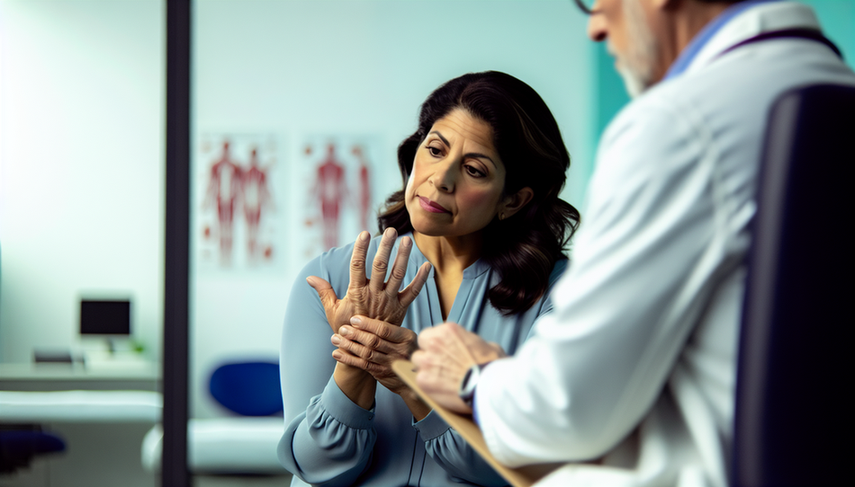 Middle-aged Hispanic woman in a medical office, thoughtfully examining her hands with visible swelling in the knuckles, indicative of osteoarthritis. In the background, a Caucasian physician in a white coat holds a clipboard, attentively observing the patient in a modern and professional setting, highlighting the importance of X-ray evaluation for joint pain and rheumatoid arthritis differentiation amidst degenerative factors.