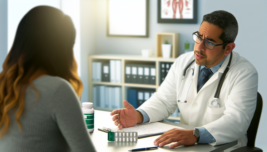 A Hispanic doctor in his 40s, wearing a white coat and stethoscope, attentively explains to a Hispanic female patient in her 30s in a medical office. On the desk, there is a bottle of paracetamol tablets, highlighting the discussion about the medication's dosage, analgesia, and potential hepatotoxicity, especially regarding safety in pregnancy and overdose risks. The environment is professional and welcoming, emphasizing the importance of communication and care in medical consultations.