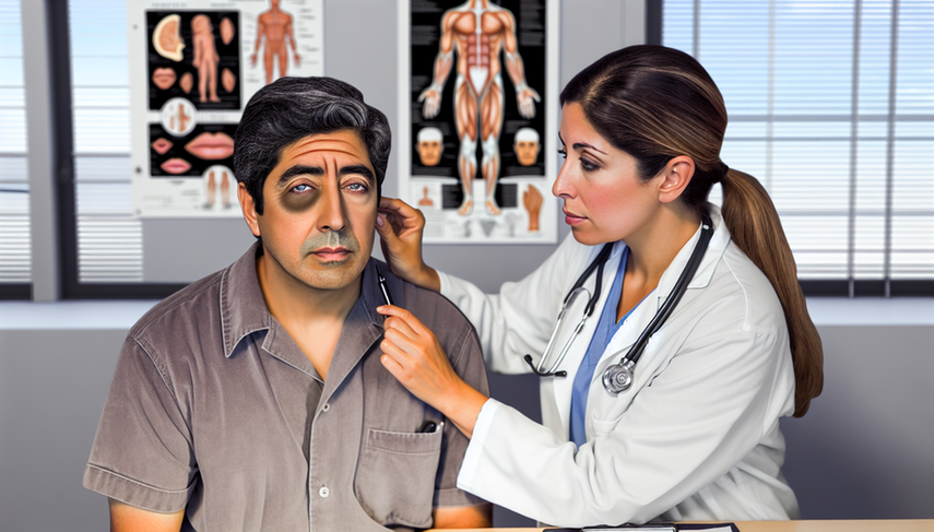 Paciente hispano de mediana edad con parálisis facial asimétrica en una consulta médica. La doctora, también hispana, examina atentamente al paciente, enfocándose en la evaluación de parálisis de Bell versus ictus. El entorno clínico incluye diagramas anatómicos y herramientas médicas, subrayando la importancia de una exploración neurológica cuidadosa.