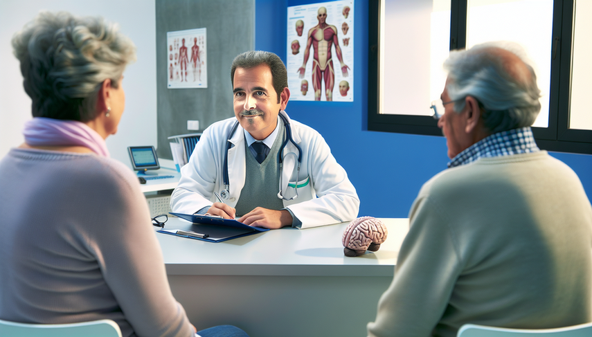 Consultorio médico en España con un doctor hispano de mediana edad explicando diferencias entre enfermedad de Parkinson y temblor esencial a dos pacientes mayores. En el escritorio hay gráficos médicos y un modelo de cerebro humano, destacando el enfoque educativo de la consulta.