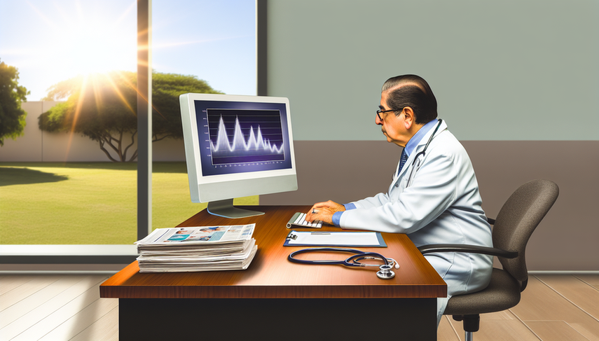 Consultorio médico iluminado con un enfoque en un escritorio de madera. Sobre el escritorio, hay libros médicos y un estetoscopio. En la pantalla de la computadora, un gráfico muestra una reducción gradual. Un doctor hispano de mediana edad, con bata blanca y gafas, revisa atentamente un expediente médico. La atmósfera es calmada y profesional, simbolizando la discontinuación progresiva de paroxetina.