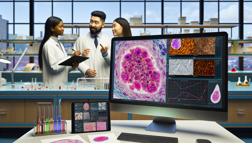 Modern digital pathology laboratory featuring a high-resolution microscope image of tissue on a monitor and a tablet with AI interface analyzing the sample. A diverse group of pathologists collaborates, emphasizing the role of advanced technology in histopathological diagnosis and automation in pathology.