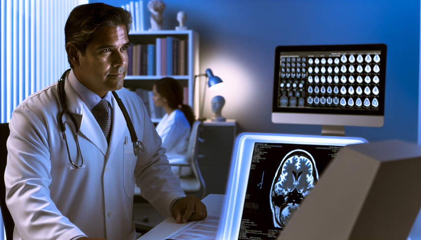 A Hispanic male physician in his 40s, wearing a white coat and stethoscope, carefully examines a white matter MRI showing areas of demyelination, suggesting a diagnosis of Pelizaeus-Merzbacher. In the background, a Hispanic female physician in her 30s reviews genetic data, emphasizing the importance of early diagnosis and the differential diagnosis of leukodystrophies, including neonatal hypotonia and nystagmus.