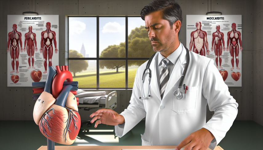 Fotografía de un médico hispano de unos 40 años en un hospital moderno, examinando un modelo anatómico del corazón humano. El modelo está etiquetado con 'Pericarditis' y 'Miocarditis' en español, señalando el pericardio y el miocardio. El doctor parece estar explicando las diferencias entre estas condiciones inflamatorias.