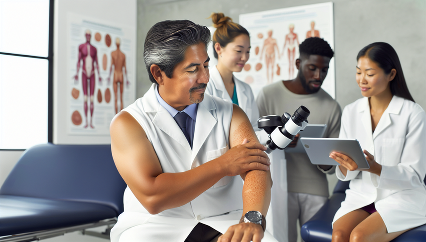 A diverse group of dermatologists in a modern clinic. A middle-aged Hispanic dermatologist examines the arm of a young patient with a dermatoscope, assessing a mild skin rash. In the background, two dermatologists, one Asian and one Black, review images of skin lesions on a digital tablet. The environment is professional and welcoming, highlighting collaboration and expertise in dermatology, essential for accurate rash diagnosis and effective skin care.
